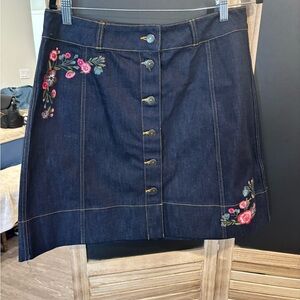 Kate Spade Dark Blue Denim Skirt with Pink Floral Embroidery